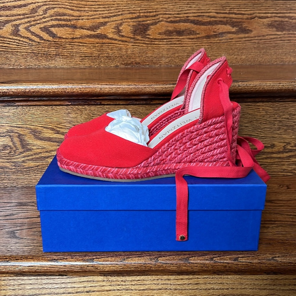 Stuart Weitzman Marguerita Canvas Red Wedge Espadrille Size 11 C Wide